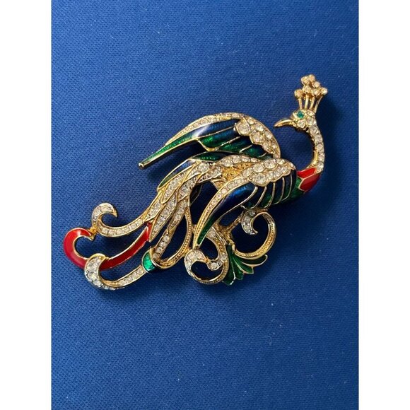 Vintage Attwood Collection Peacock Brooch Pin With Crystals & Enamel Design - Picture 8 of 12